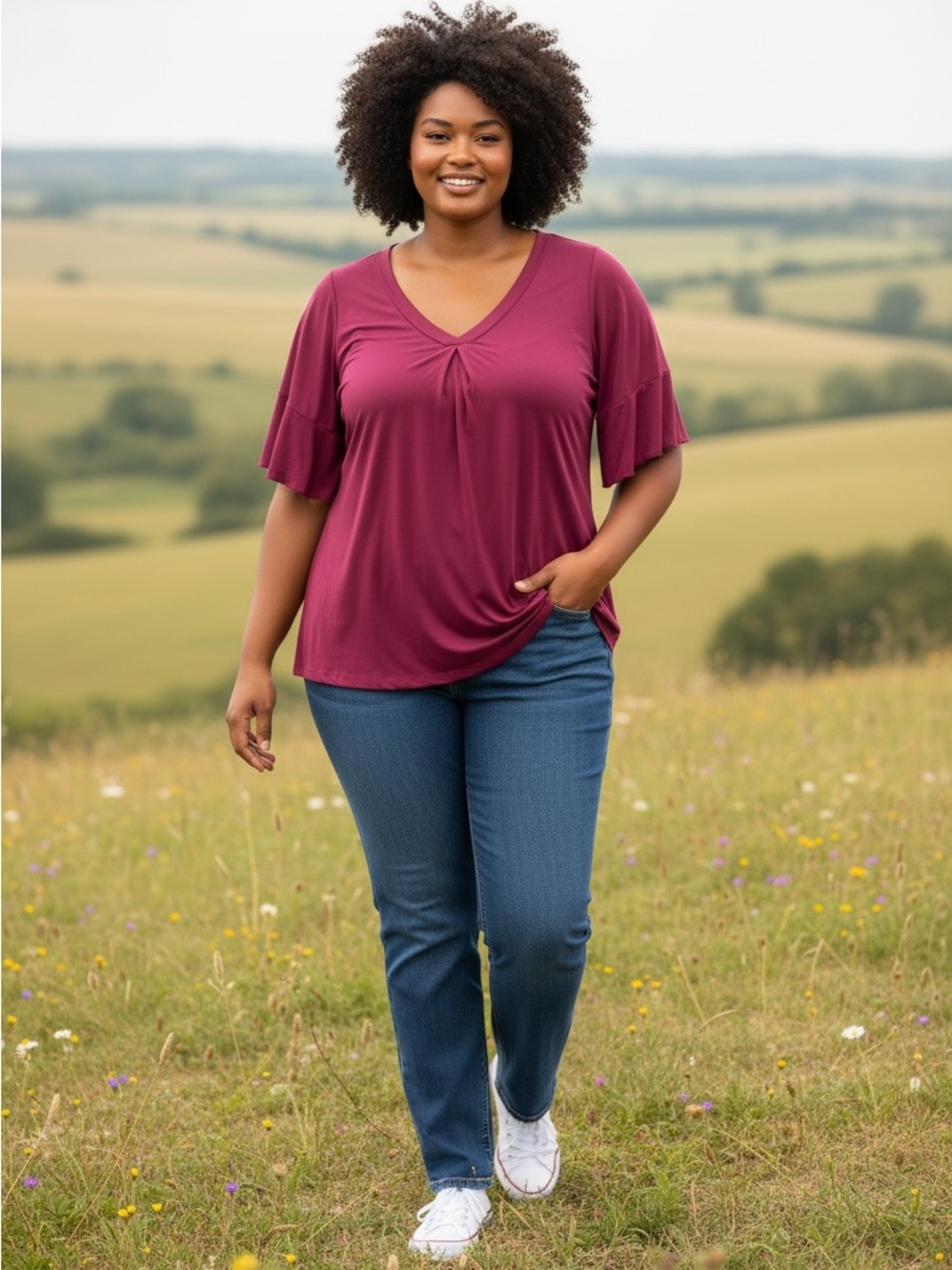 Bloom Chic Plus-Size V-Neck Flutter Sleeve Top-Size 14/16